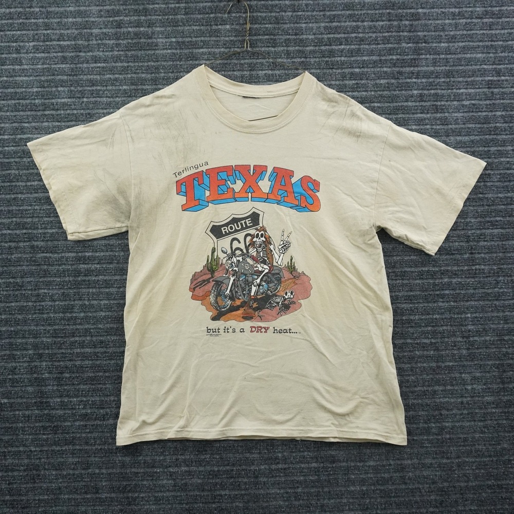 Vintage Texas Route 66 Biker Skeleton T-Shirt Mens XL Beige Dry Heat Graphic